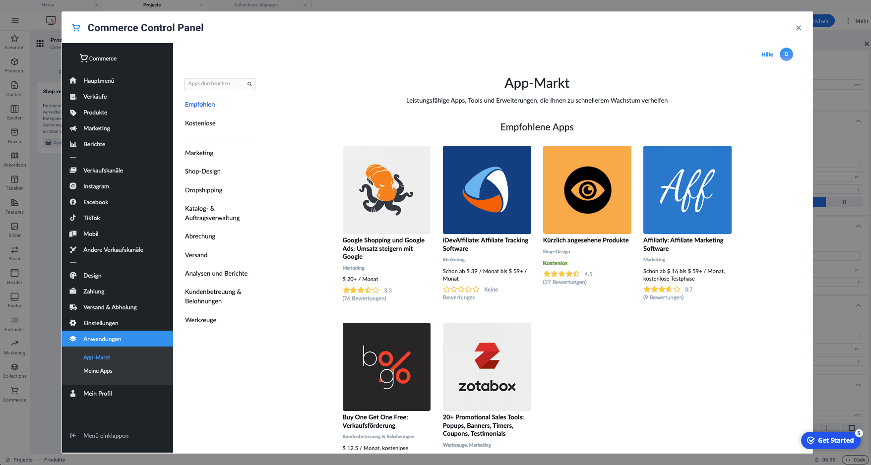 Sitejet E-Commerce Controlpanel Anwendungen