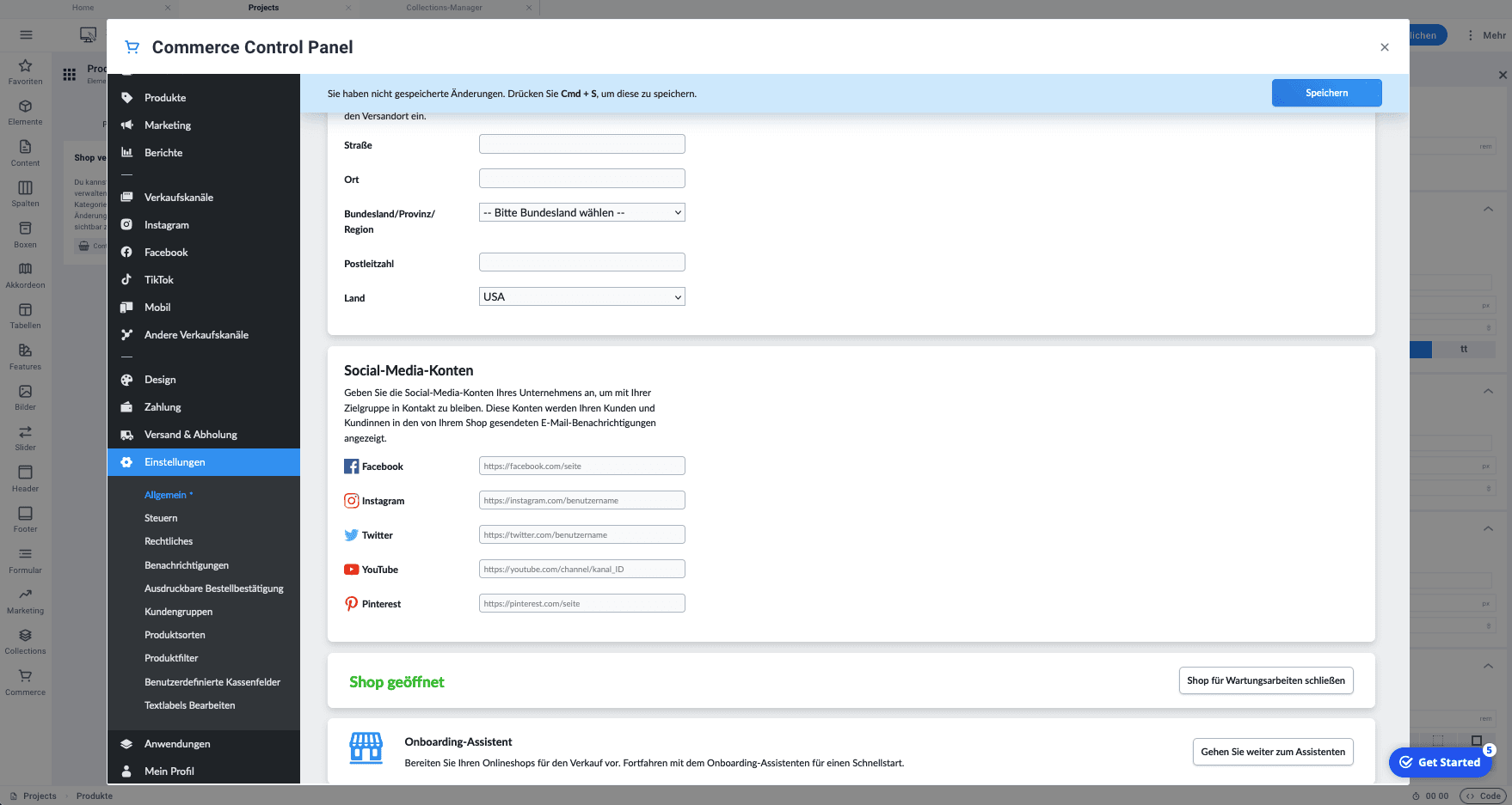 Sitejet E-Commerce Einstellungen