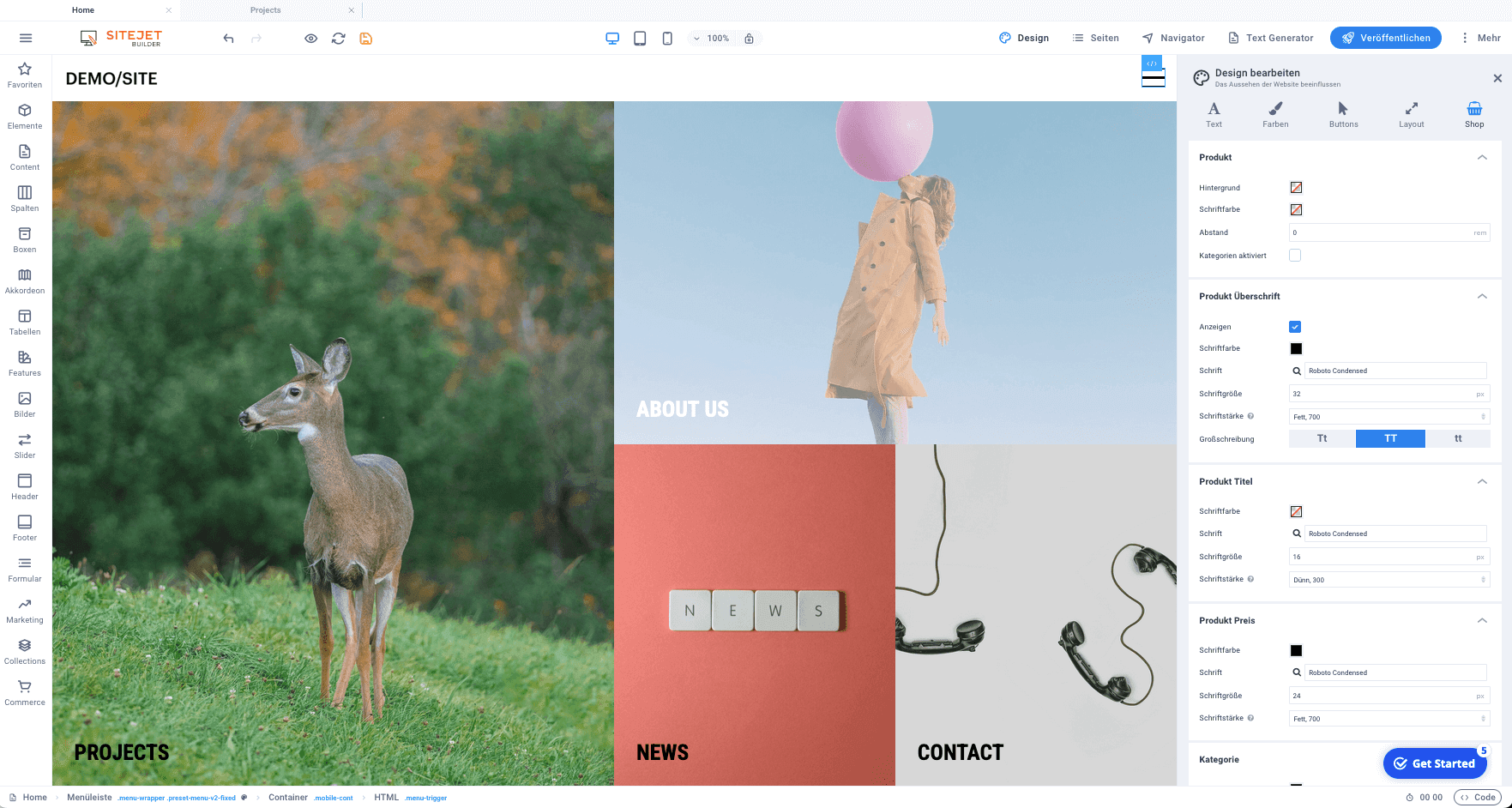 Sitejet Designeinstellungen