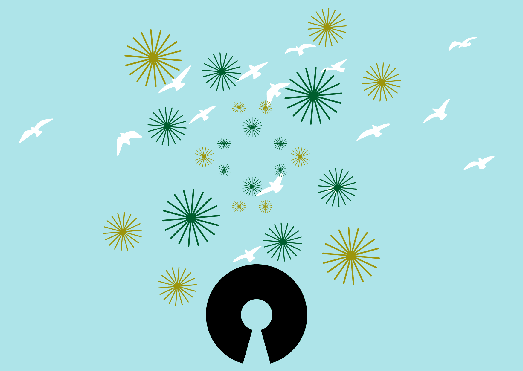 Open Source Icon, Hell- und Dunkelgrünes Feuerwerk, weisse Vögel im Flug
