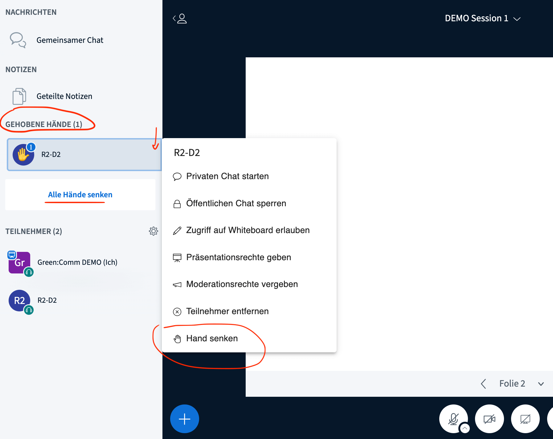 BigBlueButton Screenshot Funktion Handheben
