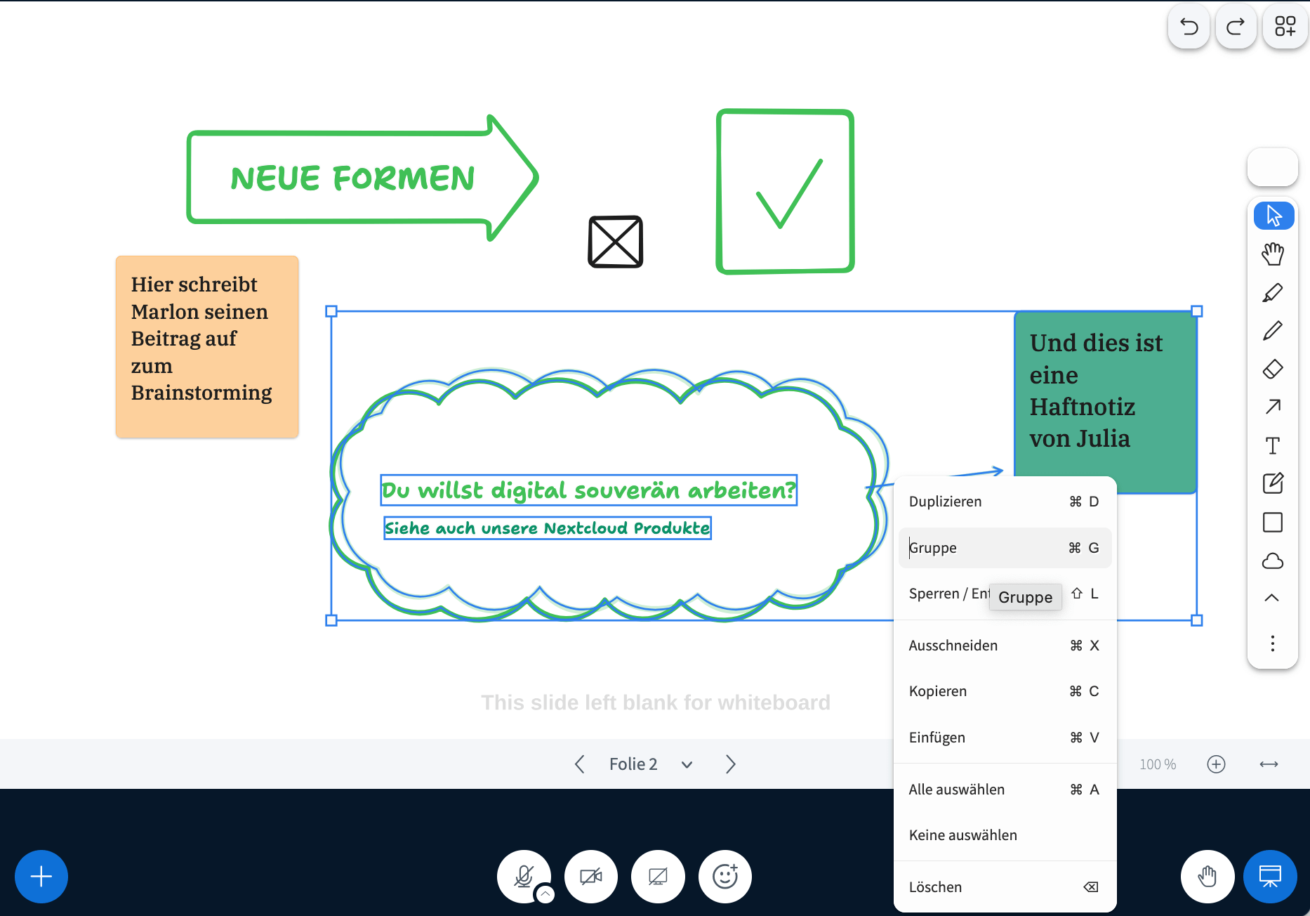 BigBlueButton Whiteboard Inhalte gruppieren bzw. bearbeiten
