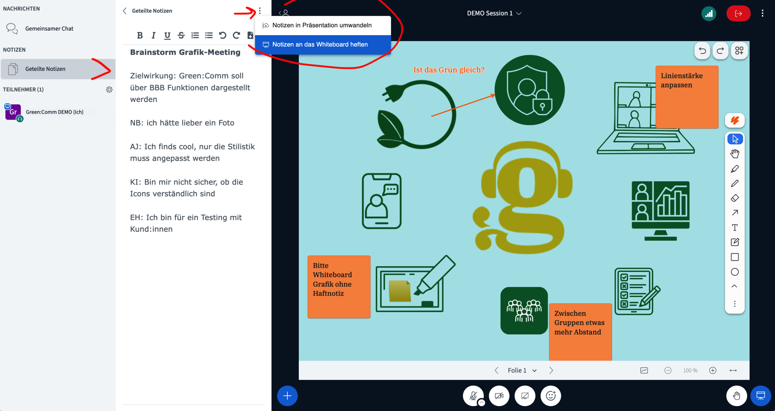 BigBlueButton Geteilte Notizen an Whiteboard anheften
