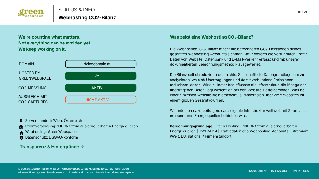 Webhosting CO2-Bilanz Statuspage Demobild