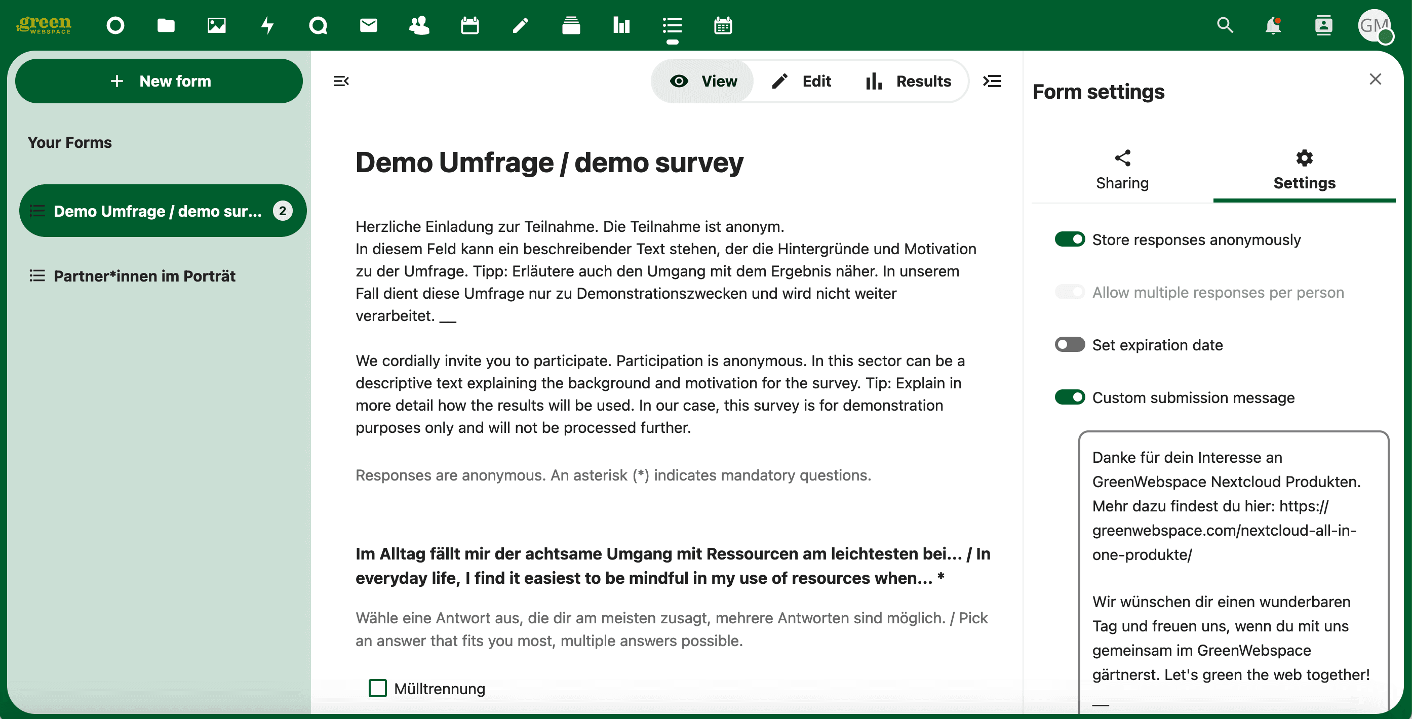 Nextcloud Forms Settings
